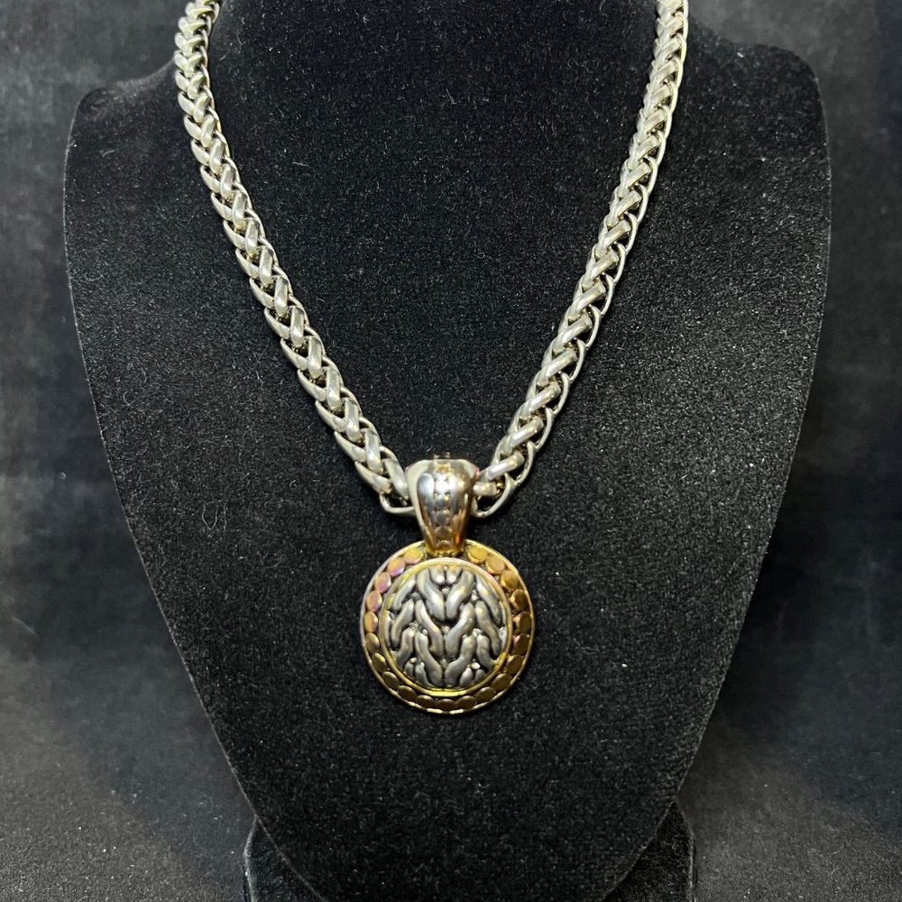 Vintage Chunky 17" Silver Tone Foxtail Necklace W/Heavy 2 Toned Pendant (3736)